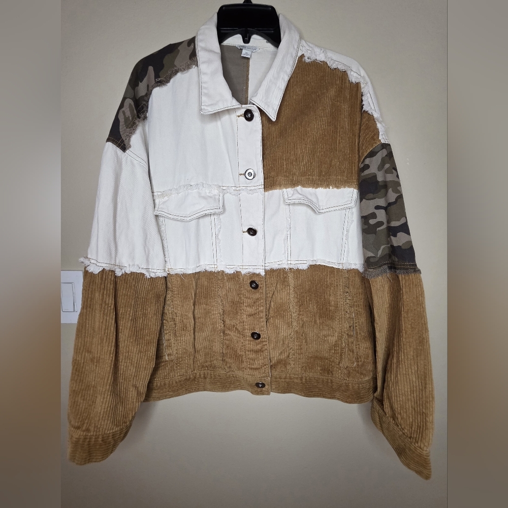 CATO Denim Cordiroy Camo Jean Jacket In Cream Brown Green Size XL